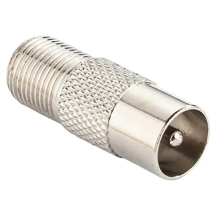 Schwaiger Koax-Adapter - F-Buchse, IEC-Stecker, 1 Stk. - Nahaufnahme eines F-Steckers, einem Koaxialkabel-Anschluss für Radio- und Fernsehantennen mit Gewinde und Metallstruktur.