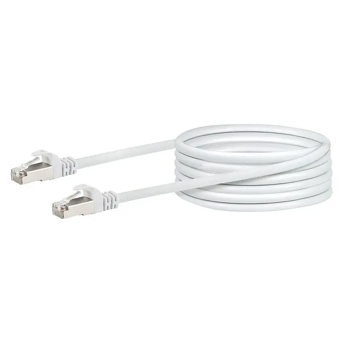 Schwaiger Netzwerk-Kabel - Länge: 10 m, Weiß, RJ45-Stecker, Bis zu 1 GBit/s - Ein weißes Ethernet-Kabel, aufgerollt und mit Steckern an beiden Enden, ideal für Netzwerkverbindungen.