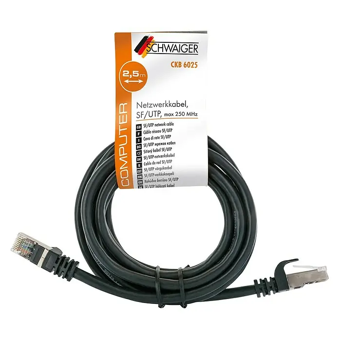 Schwaiger Netzwerk-Kabel - Länge: 2,5 m, Schwarz, RJ45-Stecker, Bis zu 1 GBit/s - Netzwerkkabel SF/UTP von SCHWAIGER, 2,5m Länge. Für schnelle Datenübertragung bis zu 250 MHz. Ideal für Computer und Netzwerke.