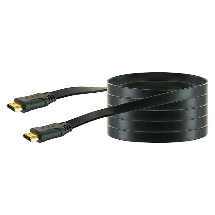 Schwaiger HDMI-Kabel mit Ethernet - Schwarz, Grau, 3 m, 18 Gbit/s - Ein aufgerolltes, flaches, schwarzes HDMI-Kabel mit goldfarbenen Anschlüssen, das für hochauflösende Bild- und Tonübertragung geeignet ist.