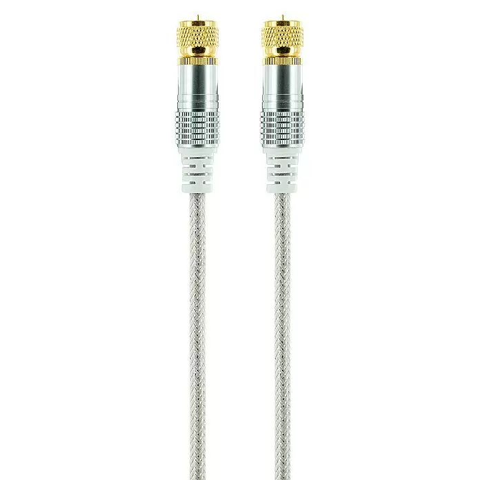 Schwaiger SAT-Anschlusskabel - 5 m, Transparent, 110 dB - Zwei Koaxialkabel mit vergoldeten Steckern, silberfarbenen Körpern und geflochtenen weißen Kabeln für Audio-/Videoanschlüsse.
