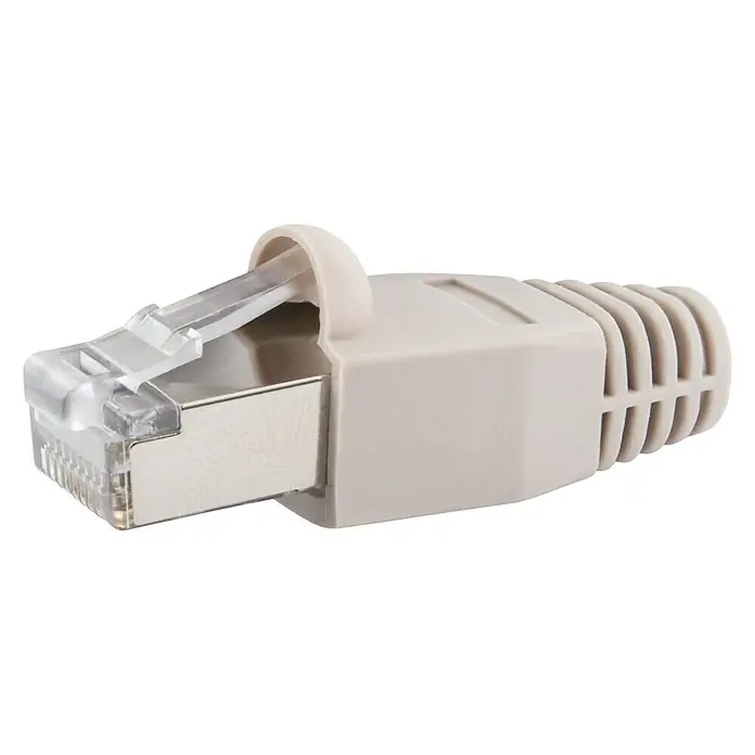 Schwaiger Netzwerk-Stecker CAT 6 - RJ45-Stecker, Grau/Silber, 10 Stk. - Nahaufnahme eines RJ45-Steckers, der für Ethernet-Verbindungen verwendet wird und eine klare Kunststoffverriegelung aufweist.
