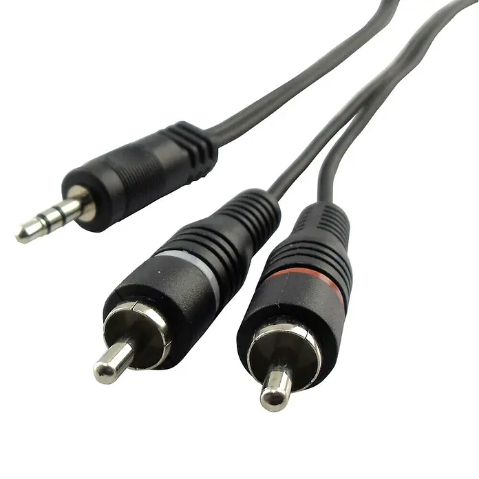 Schwaiger Audio-Kabel - 2 x Cinch-Stecker, 1 x Klinkenstecker 3,5 mm, Schwarz, 5 m - Ein schwarzes Audiokabel mit einem 3,5-mm-Stecker und zwei Cinch-Steckern für Audioübertragung.