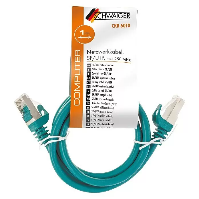 Schwaiger Netzwerk-Kabel - Länge: 1 m, Grün, RJ45-Stecker, Bis zu 1 GBit/s - Hellblaues 1m SF/UTP Netzwerkkabel mit RJ45-Steckern, aufgerollt.