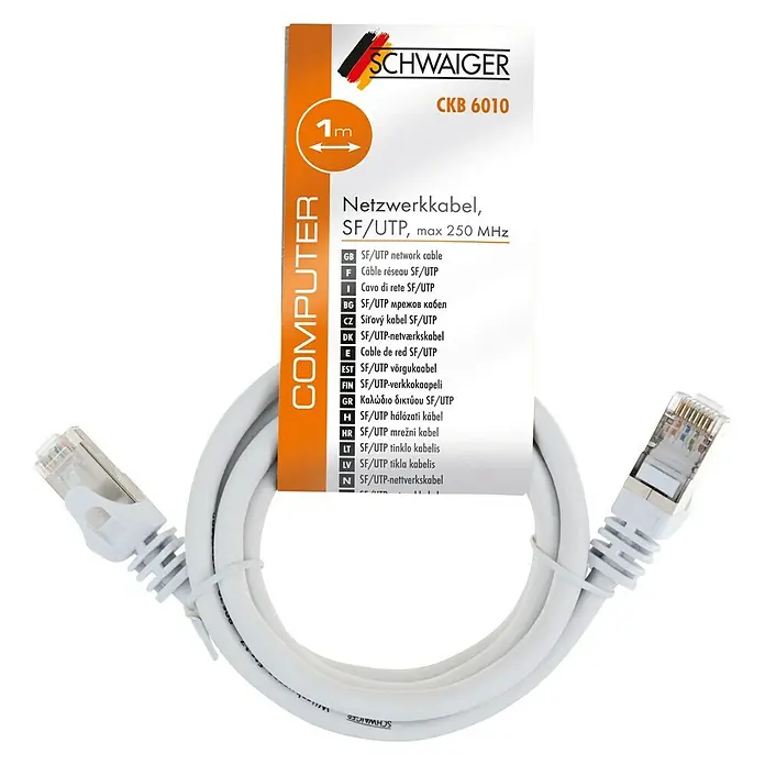 Schwaiger Netzwerk-Kabel - Länge: 1 m, Weiß, RJ45-Stecker, Bis zu 1 GBit/s - Abbildung eines weißen 1m langen Schwaiger CKB 6010 SF/UTP Netzwerkkabels.