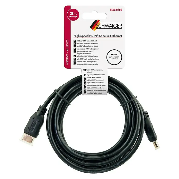 Schwaiger HDMI-Kabel - 3 m, Schwarz, 18 Gbit/s - Abbildung eines Schwaiger High-Speed HDMI-Kabels mit Ethernet-Anschluss, ideal für die Übertragung von Audio- und Videosignalen.