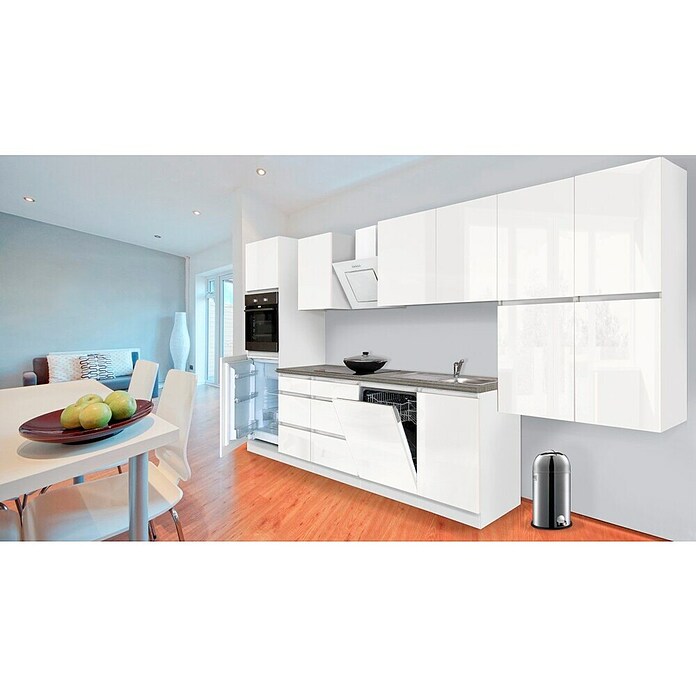 Respekta Premium Composición de cocina (Ancho: 380 cm, Con dispositivos eléctricos, Blanco de alto brillo)