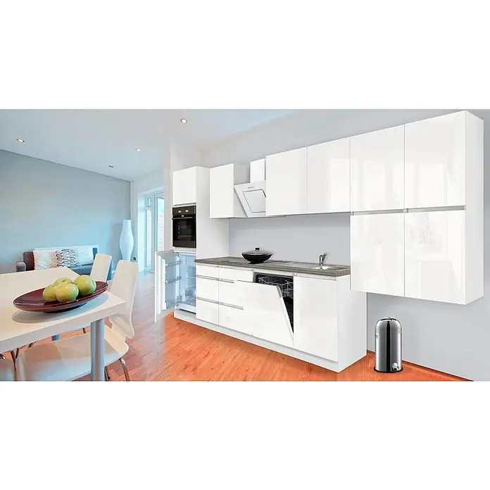 Respekta Premium Küchenzeile Lorena - Breite: 380 cm, Weiß, Hochglänzend, Dekor Arbeitsplatte: Steinoptik, Mit Elektrogeräten - Modernes Küchendesign mit strahlend weißen Schränken, integrierten Geräten und elegantem Abfalleimer. Die Küche besticht durch ihre klare Linienführung.
