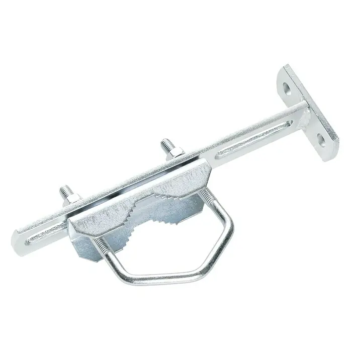 Schwaiger Abstandhalter - Rohre bis 60 mm Außendurchmesser, Verzinkt - Nahaufnahme einer verzinkten Rohrschelle mit Befestigungswinkel, ideal für die sichere Montage von Rohren und Antennen.