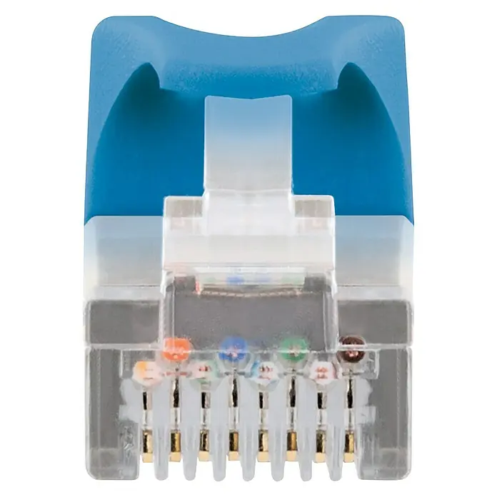 Schwaiger Netzwerk-Kabel - Länge: 1 m, Blau, RJ45-Stecker, Bis zu 1 GBit/s - Nahaufnahme eines blauen RJ45-Steckers für Ethernet-Kabel mit gut sichtbaren, farbigen Adernenden. Ideal für Netzwerkinstallationen.