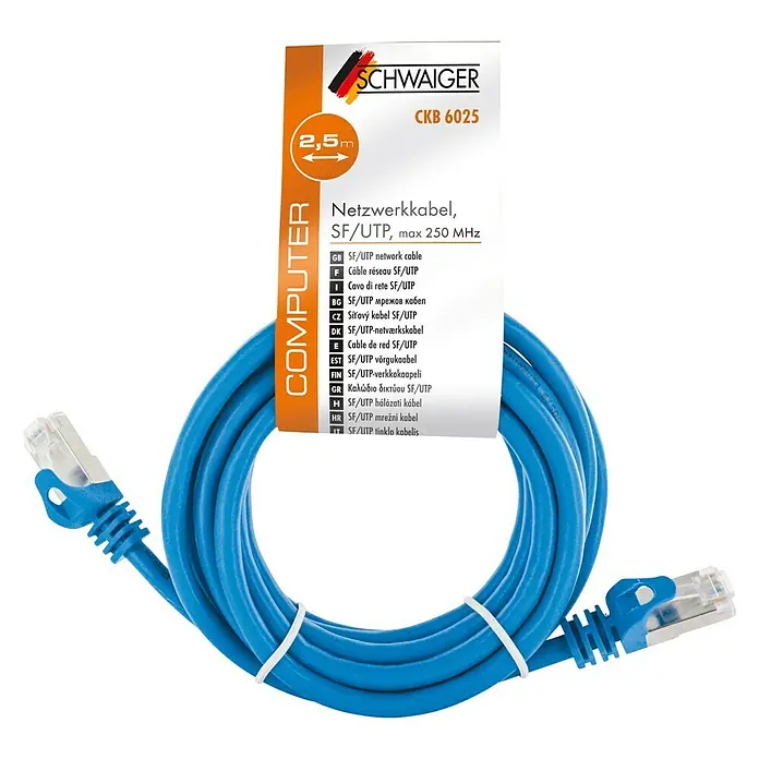Schwaiger Netzwerk-Kabel - Länge: 2,5 m, Blau, RJ45-Stecker, Bis zu 1 GBit/s - Bild eines blauen 2,5 m langen SCHWAIGER Netzwerkkabels SF/UTP.
