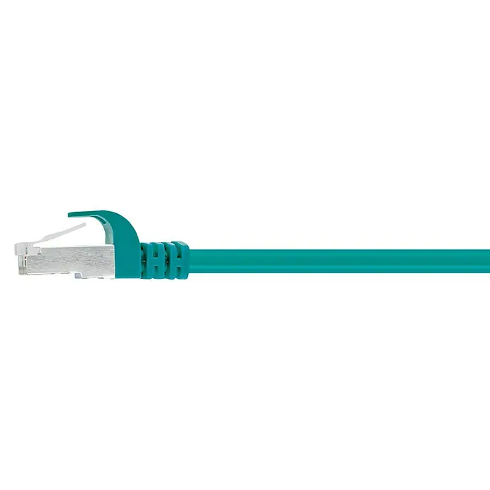 Schwaiger Netzwerk-Kabel - Länge: 1 m, Grün, RJ45-Stecker, Bis zu 1 GBit/s - Nahaufnahme eines türkisblauen Ethernet-Kabels mit RJ45-Stecker, das Konnektivität und Netzwerkverbindungen für Geräte ermöglicht.