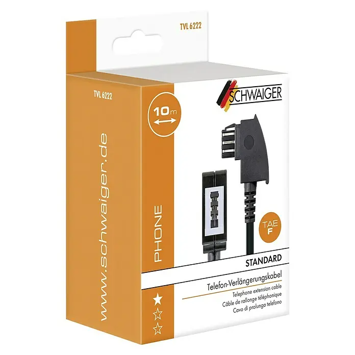 Schwaiger TAE-Verlängerungskabel - TAE-F Stecker (6P4C), TAE-F Buchse (6P4C), 10 m - Abbildung einer 10 m langen TAE-F Telefonverlängerungskabelverpackung der Marke SCHWAIGER, Modell TVL 6222, für Standardanschlüsse.