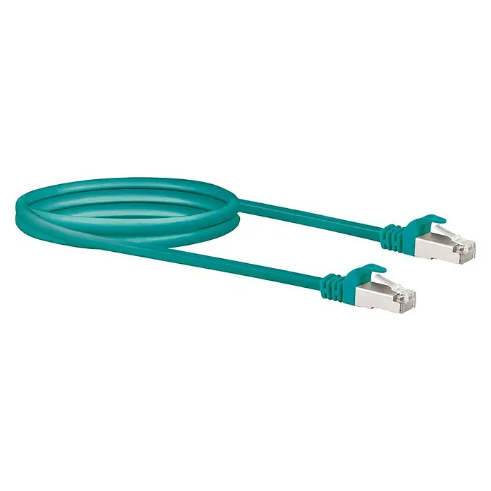 Schwaiger Netzwerk-Kabel - Länge: 1 m, Grün, RJ45-Stecker, Bis zu 1 GBit/s - Abgebildete ist ein blaugrünes Ethernet-Kabel mit RJ45-Steckern an beiden Enden, auf einem schwarzen Hintergrund.