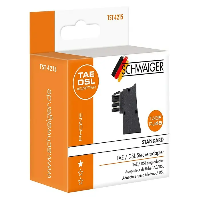 Schwaiger TAE-Adapter TAE/DSL - RJ45-Buchse, TAE-F-Stecker - Produktverpackung eines TAE/DSL-Steckeradapters der Marke Schwaiger mit der Modellnummer TST 4215.