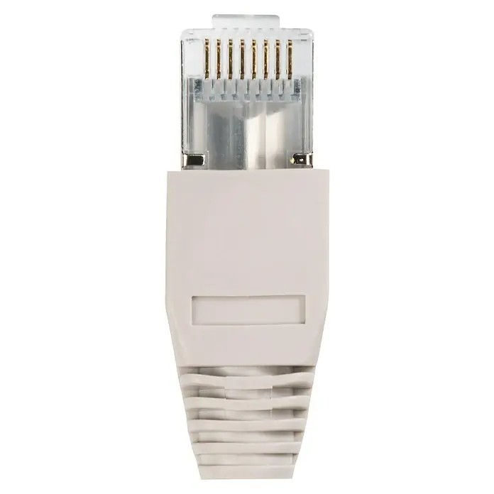 Schwaiger Netzwerk-Stecker CAT 6 - RJ45-Stecker, Grau/Silber, 4 Stk. - Nahaufnahme eines RJ45-Steckers für Ethernet-Kabel, der Konnektivität und Netzwerktechnologie hervorhebt.