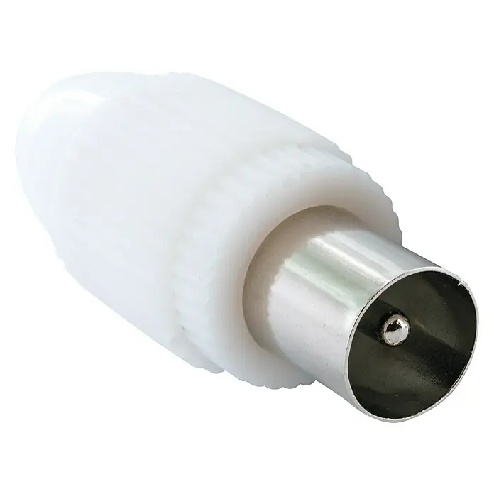 Schwaiger Koax-Stecker - IEC-Stecker, Kunststoff, Schraubbare Innenleiter, 4 Stk. - Nahaufnahme eines weißen Antennensteckers, der für den Anschluss von Antennenkabeln an Fernsehgeräte verwendet wird.