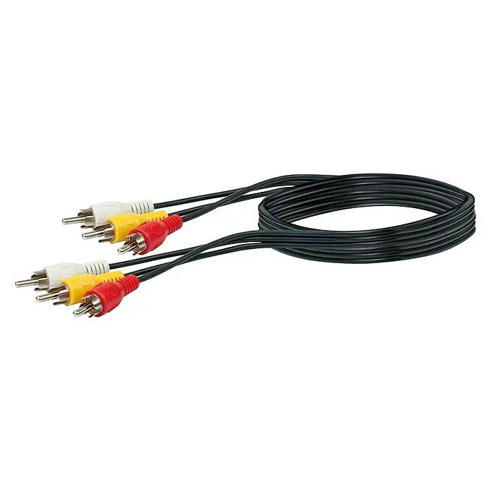 Schwaiger Cinch-Kabel - 6 x Cinch-Stecker, 1,5 m, Schwarz, Rot/Gelb/Weiß, Geschirmt - Abbildung eines RCA-Kabels mit den typischen gelben, weißen und roten Steckern für Audio- und Videoübertragung.