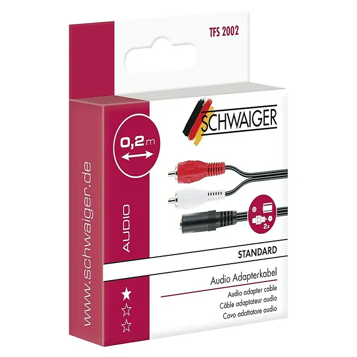 Schwaiger Adapterkabel - 2 x Cinch-Stecker, 1 x Klinkenkupplung 3,5 mm, 0,2 m, Schwarz, Rot/Weiß - Produktabbildung einer Schwaiger Audio Adapterkabel Verpackung mit technischen Details wie Kabellänge und Kompatibilität.