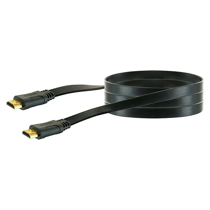 Schwaiger HDMI-Kabel mit Ethernet - Schwarz, Grau, 1,5 m, 18 Gbit/s - Ein schwarzes, flaches HDMI-Kabel mit vergoldeten Anschlüssen, aufgerollt dargestellt für eine bessere Darstellung.