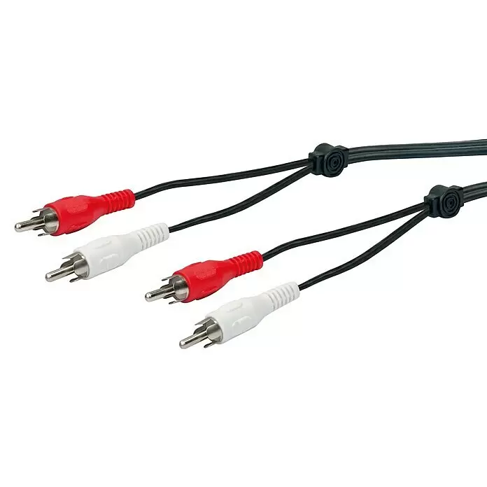 Schwaiger Cinch-Kabel - Cinch-Stecker, Länge: 10 m - Zwei schwarze Cinch-Audiokabel, jeweils mit roten und weißen Stereoanschlüssen, für linke und rechte Audiokanäle.