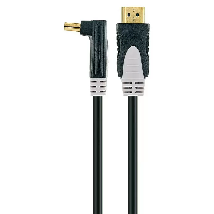 Schwaiger HDMI-Kabel mit Ethernet - Schwarz, Grau, 1,5 m, 18 Gbit/s, 90° abgewinkelt - Schwarzes HDMI-Kabel mit vergoldeten, gewinkelten und geraden Anschlüssen.