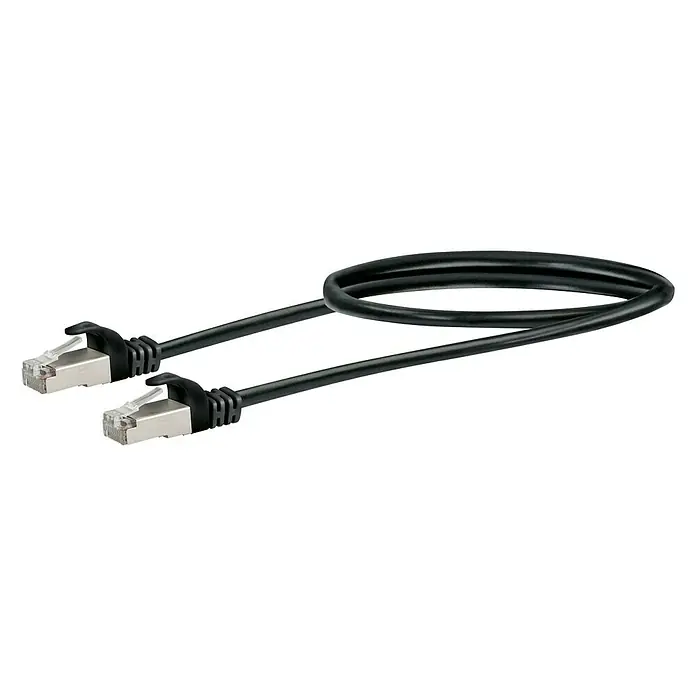 Schwaiger Netzwerk-Kabel - Länge: 0,5 m, Schwarz, RJ45-Stecker, Bis zu 1 GBit/s - Nahaufnahme eines schwarzen Ethernet-Kabels mit RJ45-Steckern an beiden Enden, ideal für stabile Netzwerkverbindungen.