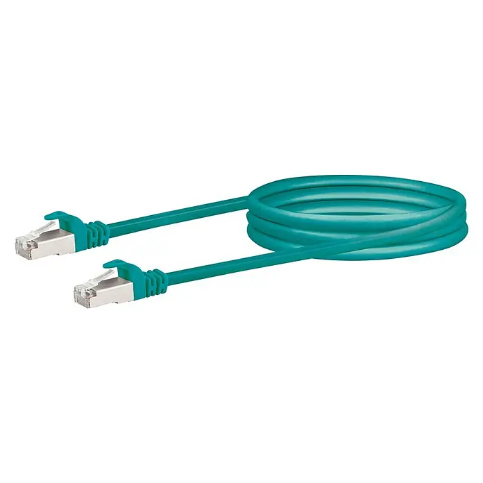 Schwaiger Netzwerk-Kabel - Länge: 2,5 m, Grün, RJ45-Stecker, Bis zu 1 GBit/s - Nahaufnahme eines türkisfarbenen Ethernet-Kabels mit RJ45-Steckern an beiden Enden, aufgereiht auf einem schwarzen Hintergrund.