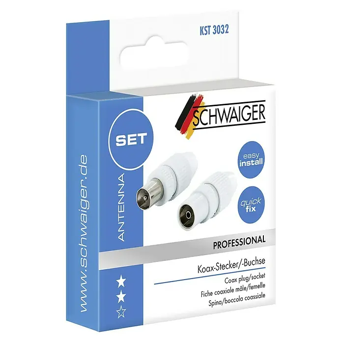 Schwaiger Koax-Set quickFIX - IEC-Stecker, IEC-Buchse, Steckbare Innenleiter - Eine Packung mit einem Koax-Stecker/-Buchse-Set der Marke Schwaiger, ideal für Antenneninstallationen.
