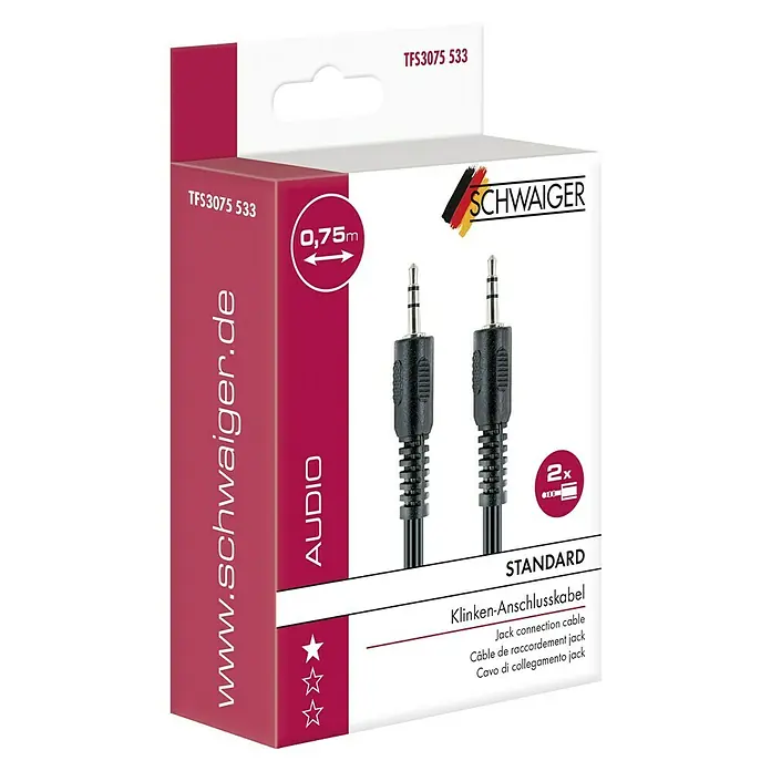 Schwaiger Audio-Kabel - 2 x Klinkenstecker 3,5 mm, Schwarz, Länge: 0,75 m - Abbildung einer Verpackung für ein SCHWAIGER Klinken-Anschlusskabel mit einer Länge von 0,75 m, ideal für Audioverbindungen und mit doppelter Ausführung.