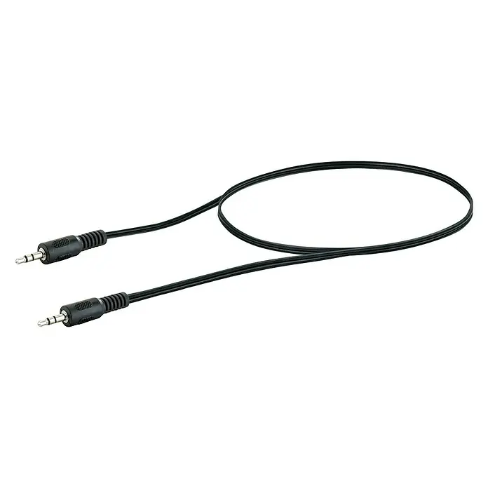 Schwaiger Audio-Kabel - 2 x Klinkenstecker 3,5 mm, Schwarz, Länge: 0,75 m - Schwarzes Audiokabel mit 3,5-mm-Klinkensteckern an beiden Enden für Audioübertragung. Das Kabel liegt vor einem schwarzen Hintergrund.