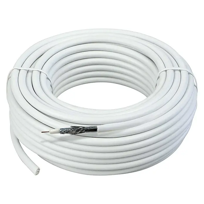 Schwaiger Koaxialkabel - 30 m, Weiß, Schirmungsmaß: 110 dB - Aufgerollte weiße Koaxialkabelrolle mit freiliegenden inneren Leitern, ideal für TV- und Satellitenanschlüsse für eine stabile Signalübertragung.