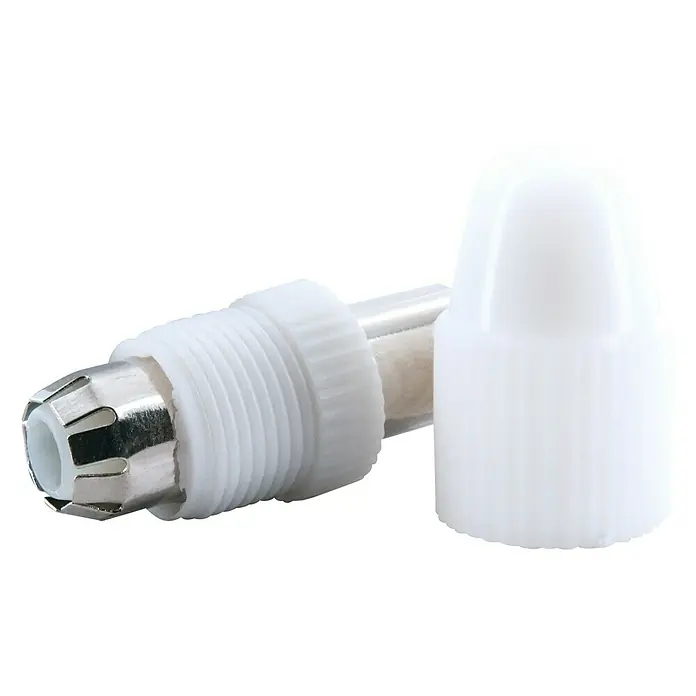 Schwaiger Koax-Stecker - IEC-Stecker, Kunststoff, Schraubbare Innenleiter, 4 Stk. - Nahaufnahme einer weißen Spritztülle mit Adapter und Verschluss für die sichere und saubere Dekoration von Backwaren.