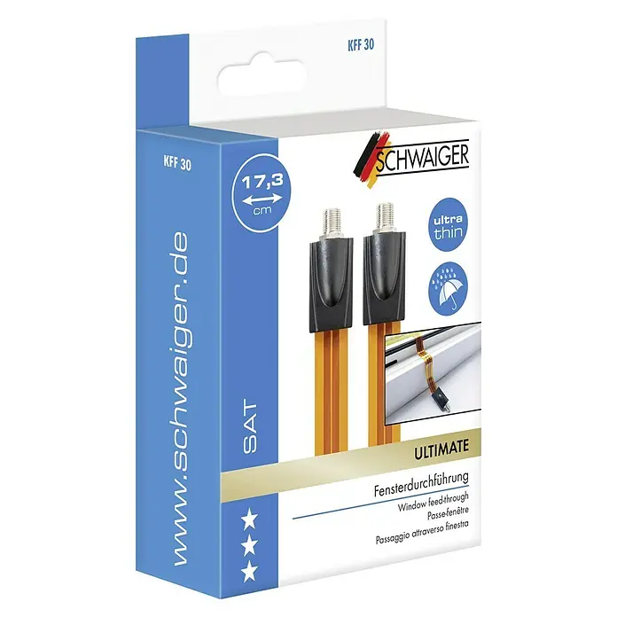 Schwaiger Fensterdurchführung Koax-Kabel Ultraflach - Schwarz, Länge: 17,3 cm, F-Buchse - Abbildung der Schwaiger KFF 30 Fensterdurchführung für SAT-Anlagen. Ermöglicht die Kabelführung durch Fenster, ohne Bohren zu müssen.