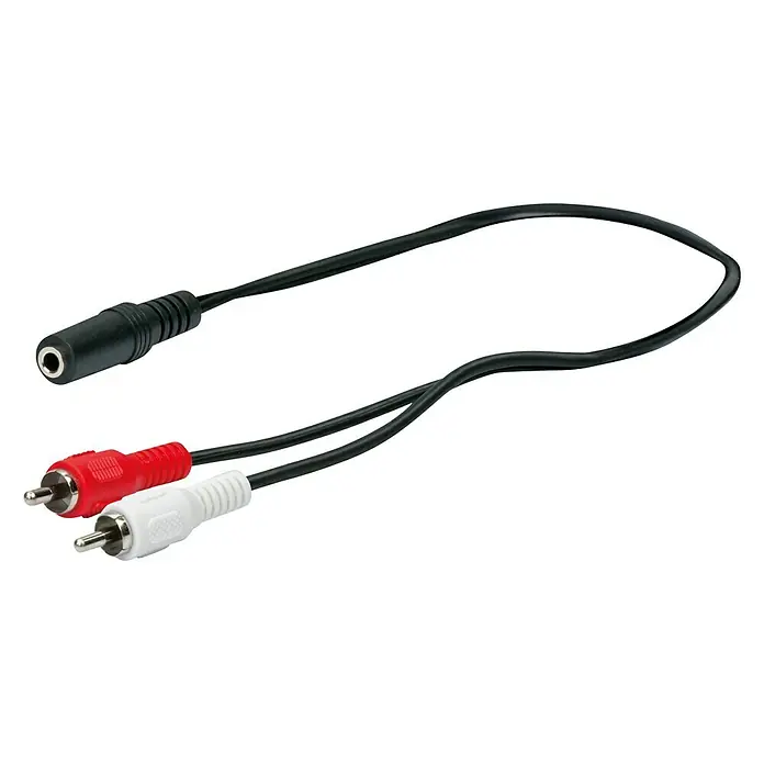 Schwaiger Adapterkabel - 2 x Cinch-Stecker, 1 x Klinkenkupplung 3,5 mm, 0,2 m, Schwarz, Rot/Weiß - Abgebildet ist ein Adapterkabel mit einer 3,5-mm-Klinkenbuchse auf zwei Cinch-Stecker in Rot und Weiß. Ideal zum Verbinden von Audioquellen.