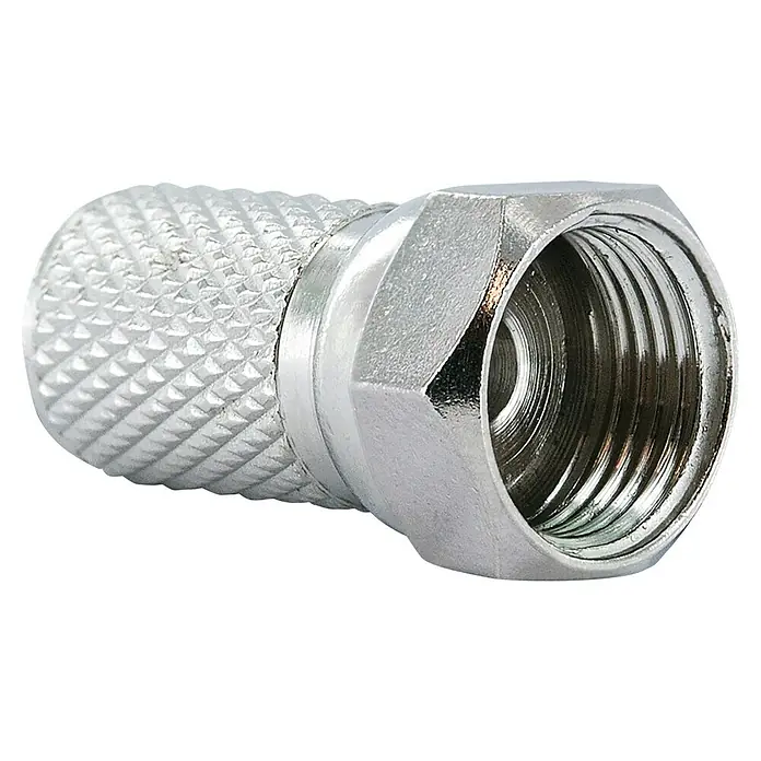 Schwaiger F-Stecker-Set Standard - 8 mm, 2 Stk. - Nahaufnahme eines F-Steckers, ein Koaxialkabelanschluss, aus Metall mit Rändelung für besseren Halt und Gewinde für sichere Verbindungen.
