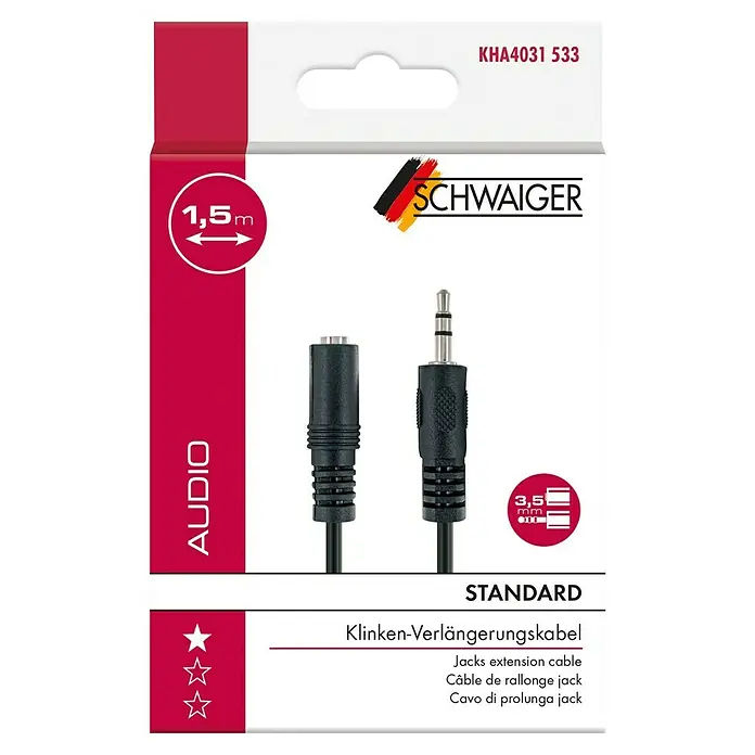 Schwaiger Audio-Verlängerungskabel - Klinkenstecker 3,5 mm, Länge: 1,5 m - Abbildung eines 1,5 m langen SCHWAIGER Klinken-Verlängerungskabels mit 3,5 mm Klinkenstecker für Audioanwendungen.