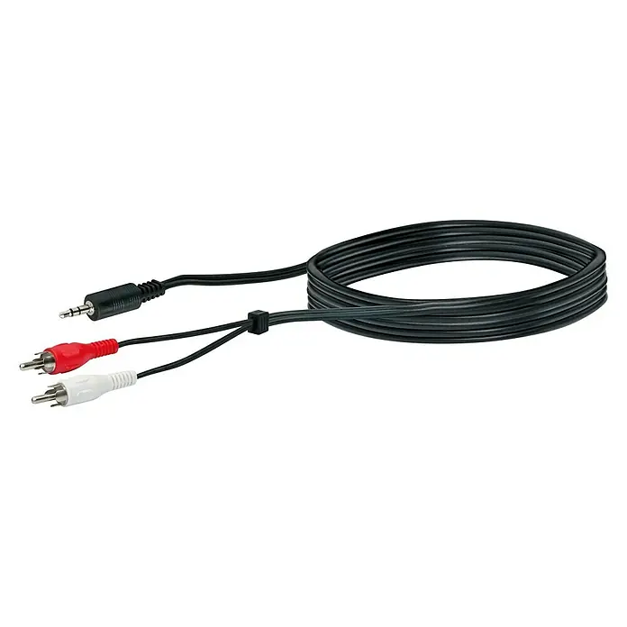 Schwaiger Adapterkabel - 3 m, 2 x Cinch-Stecker, 1 x Klinkenkupplung 3,5 mm, Schwarz, Weiß/Rot - Das Bild zeigt ein schwarzes Audiokabel mit einem 3,5-mm-Klinkenstecker auf der einen und zwei Cinch-Steckern (rot/weiß) auf der anderen Seite.