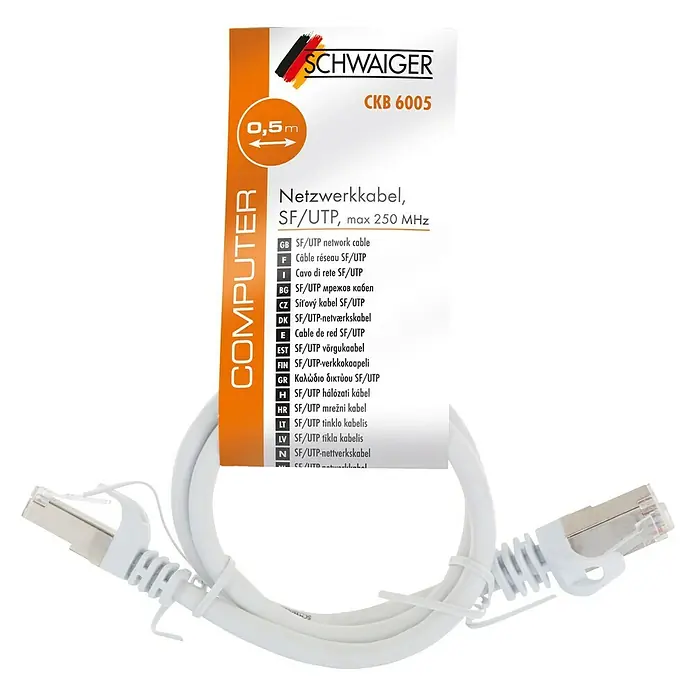 Schwaiger Netzwerk-Kabel - Länge: 0,5 m, Weiß, RJ45-Stecker, Bis zu 1 GBit/s - Abbildung eines weißen 0,5 m langen SCHWAIGER CKB 6005 SF/UTP Netzwerkkabels mit RJ45-Steckern an beiden Enden.