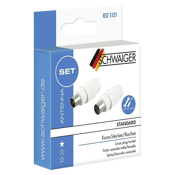 Schwaiger Koax-Set - IEC-Stecker, IEC-Buchse, Schraubbare Innenleiter, Weiß - Produktverpackung für ein Koax-Stecker/Buchse-Set von Schwaiger, KST 1121, mit Montagehinweis und deutscher Flagge.