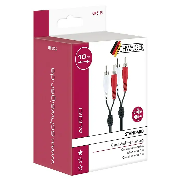 Schwaiger Cinch-Kabel - Cinch-Stecker, Länge: 10 m - Nahaufnahme der Verpackung eines SCHWAIGER Cinch-Audiokabels mit einer Länge von 10 Metern, ideal für Standard-Audioverbindungen.