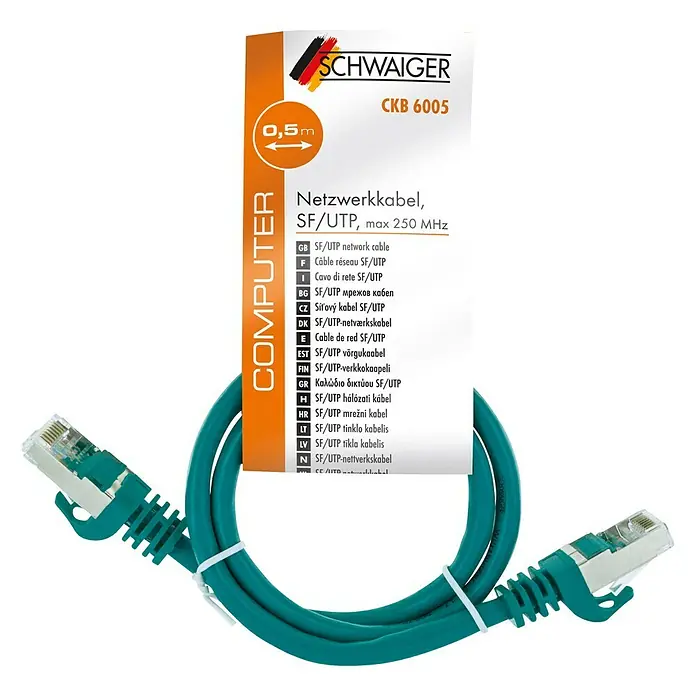 Schwaiger Netzwerk-Kabel - Länge: 0,5 m, Grün, RJ45-Stecker, Bis zu 1 GBit/s - Abbildung eines türkisfarbenen Schwaiger CKB 6005 SF/UTP Netzwerkkabels mit einer Länge von 0,5 Metern.