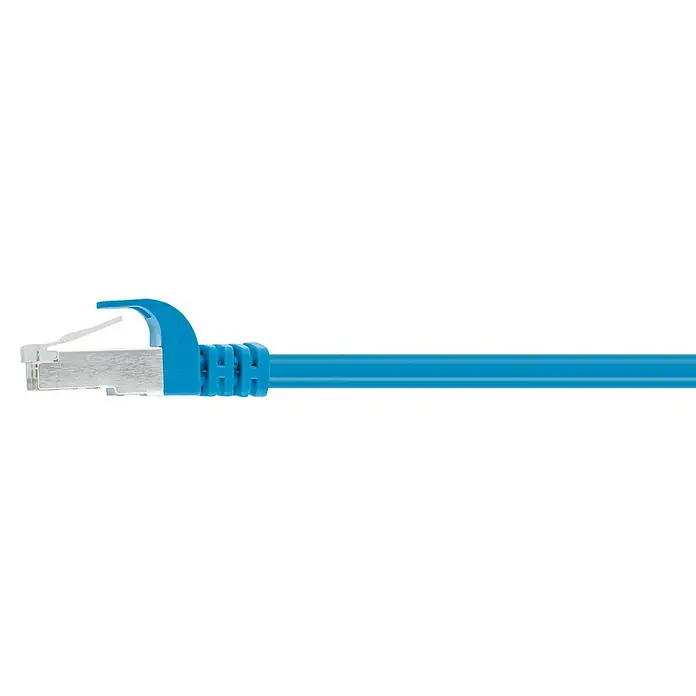 Schwaiger Netzwerk-Kabel - Länge: 0,5 m, Blau, RJ45-Stecker, Bis zu 1 GBit/s - Nahaufnahme eines blauen Ethernet-Kabels mit RJ45-Stecker, ideal für Netzwerkverbindungen.