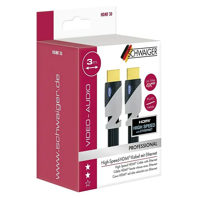 Schwaiger HDMI-Kabel mit Ethernet - Schwarz, Grau, 3 m, 18 Gbit/s - Abbildung einer HDMI-Kabelverpackung der Marke SCHWAIGER mit einer Länge von 3 Metern, die hochauflösende 4K-Bilder unterstützt.