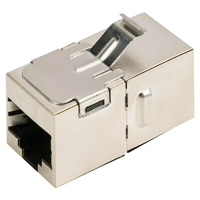 Schwaiger Verbinder Netzwerkkupplung - 2 x RJ45-Buchse, CAT6 - Nahaufnahme eines Cat6-Verbinders mit Metallgehäuse, der eine robuste Netzwerkverbindung für Hochgeschwindigkeitsdatenübertragung bietet.