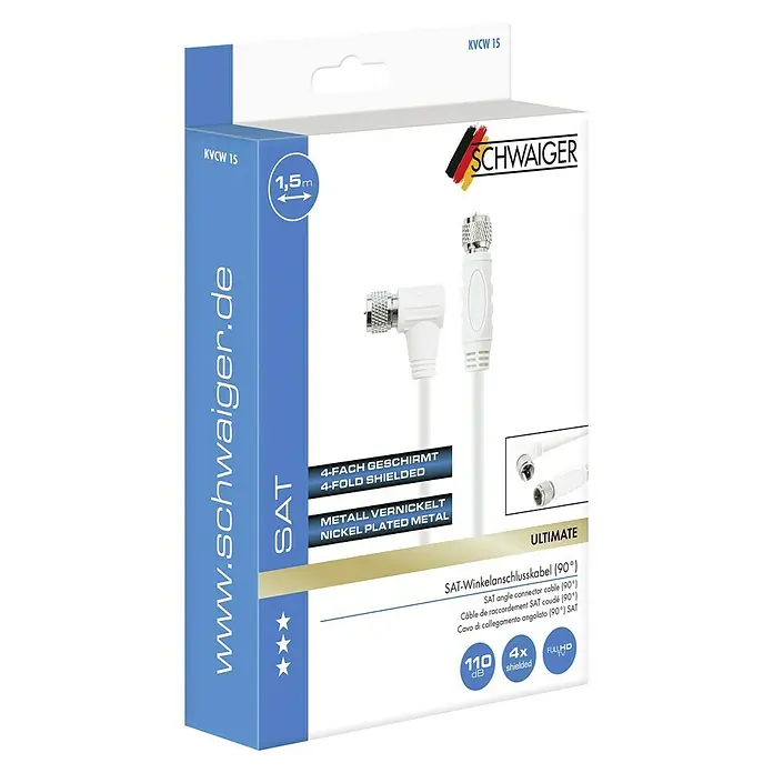 Schwaiger SAT-Anschlusskabel - 1,5 m, Weiß, 110 dB, Einseitig gewinkelt - Verpackung des Schwaiger SAT-Winkelanschlusskabels (90°) mit einer Länge von 1,5 Metern, 4-fach geschirmt und mit vernickeltem Metall.