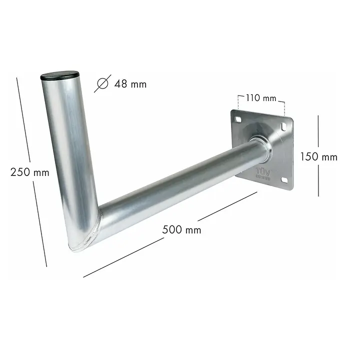 Schwaiger Winkelwandhalter - Wandabstand: 45 cm, Aluminium, Silber - Abbildung einer Satelliten-Wandhalterung mit den Maßen 250 mm, 500 mm, 48 mm Durchmesser und einer Plattenstärke von 110 mm x 150 mm.