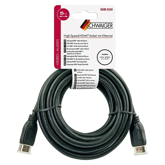 Schwaiger HDMI-Kabel - 5 m, Schwarz, 18 Gbit/s - Image of a 5-meter High-Speed HDMI cable with Ethernet from Schwaiger.