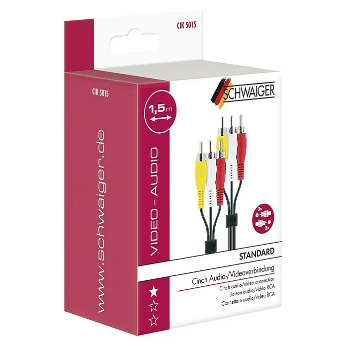 Schwaiger Cinch-Kabel - 6 x Cinch-Stecker, 1,5 m, Schwarz, Rot/Gelb/Weiß, Geschirmt - Nahaufnahme der Verpackung eines SCHWAIGER Cinch-Audio-/Videoverbindungskabels mit einer Länge von 1,5 m.