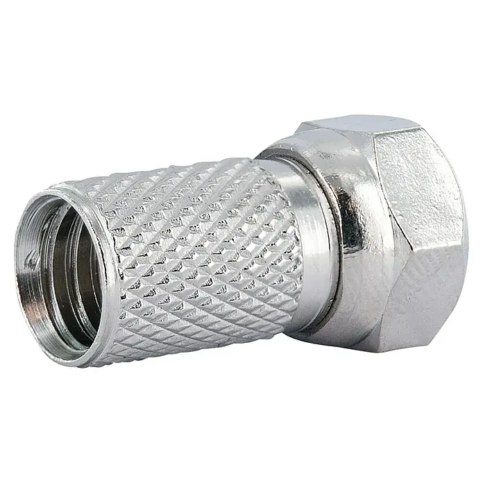 Schwaiger F-Stecker-Set Standard - 8 mm, 2 Stk. - Nahaufnahme eines F-Steckers, ein Koaxialkabel-Steckverbinder, für eine sichere und zuverlässige Verbindung in Antennensystemen.